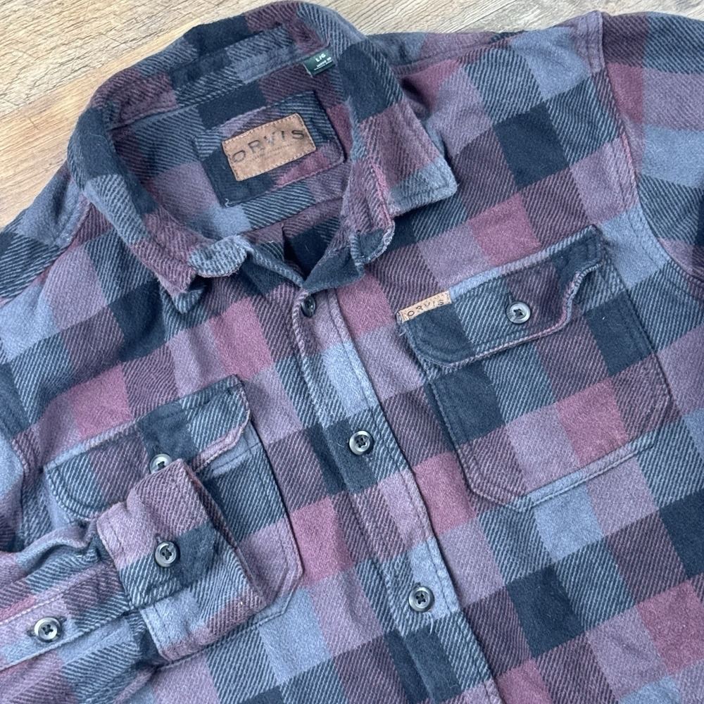 Orvis Mens L Heavyweight Flannel Side Pockets Purple Black Classic Fit